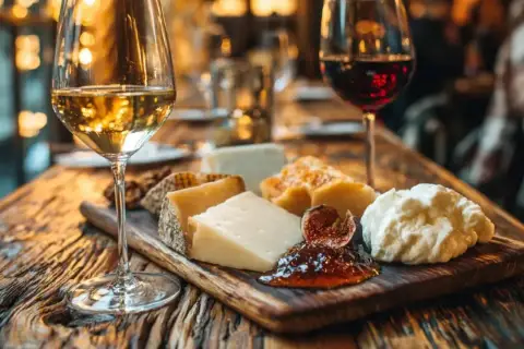 Ein rustikales Holzbrett mit verschiedenen Käsesorten, Feigen und Marmelade, dazu zwei Gläser Wein. Perfekt für einen gemütlichen Abend am Tisch.